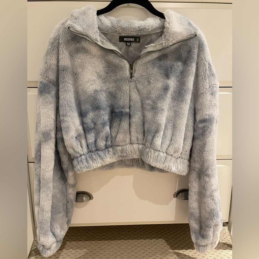 Missguided Tie-Dye Blue Quarter Zip Crop Sweater, Size 6